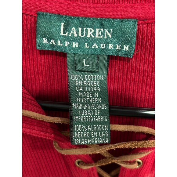 Lauren Ralph Lauren Long Sleeve Lace Up Polo Shirt Red Sz Large Cozy Knit Cotton - Picture 5 of 9